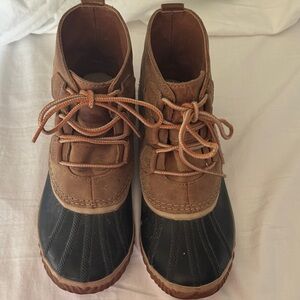 Sorel Brown and Black Duck Boots with Lace-Up Front